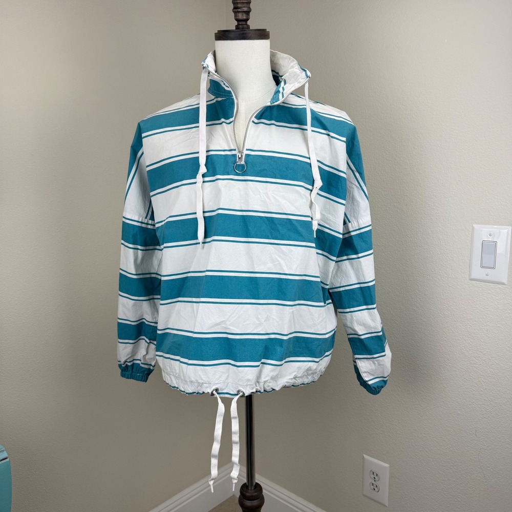 Urban Outfitters Striped Pullover Anorak Jacket Teal White Lightweight‎ Medium